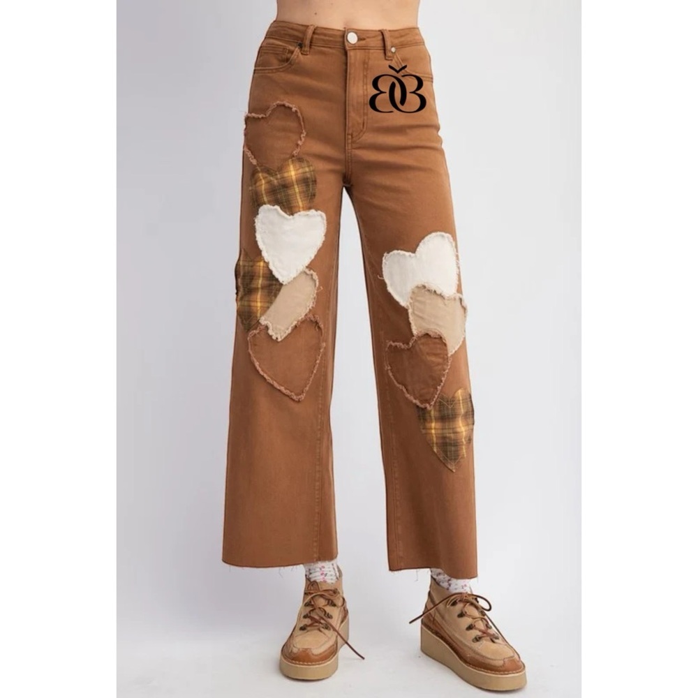 Easel Wood Brown Heart Patch Wide Leg Jeans | High Waist Stretchy Boho Denim - Picture 7 of 7
